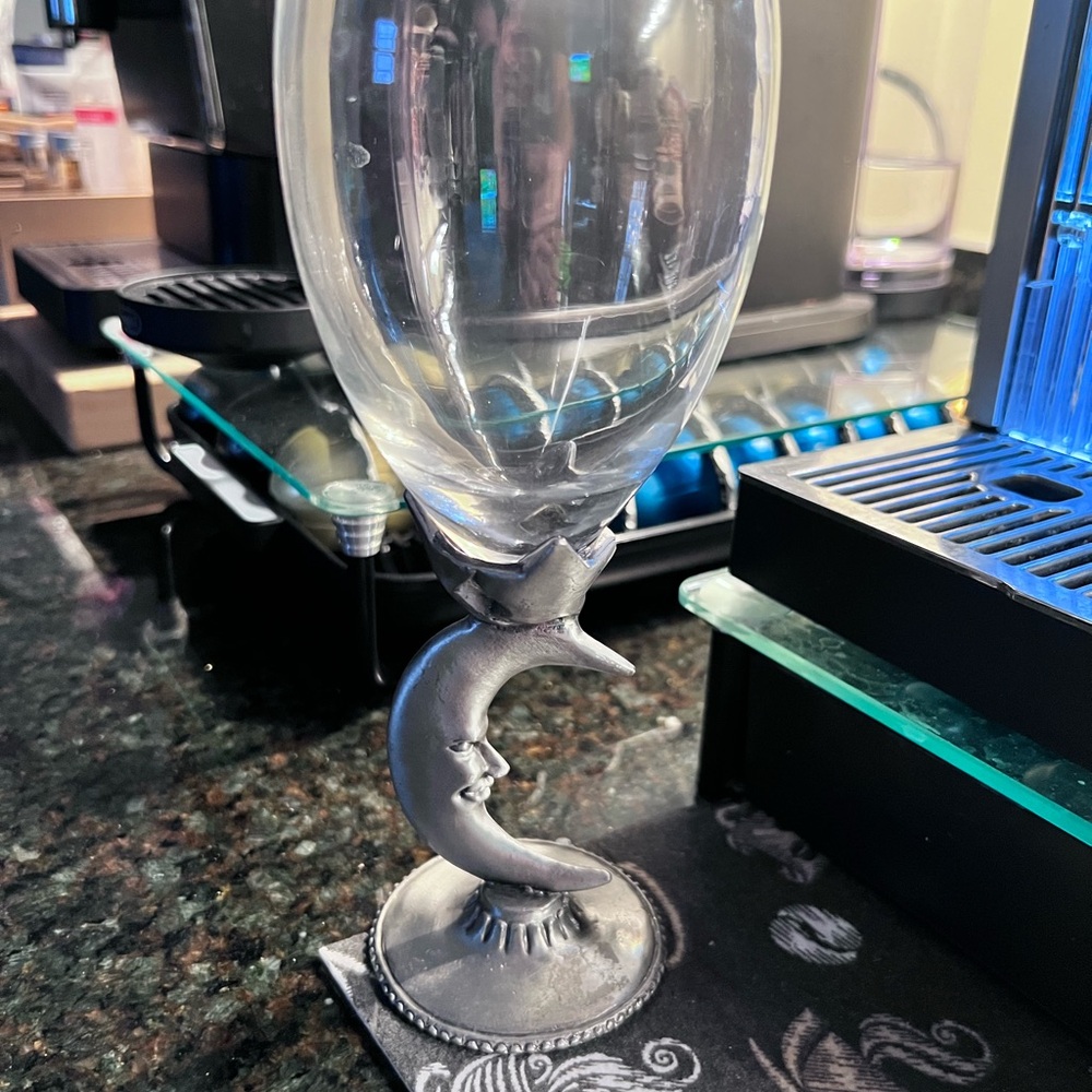 Silver "Moon" Stem Wine Glass Silver Pewter Thick Glass Heavy Celestial MOON GUC